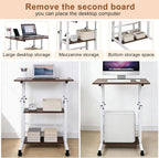 Portable Rolling Desk on Wheels with Adjustable Height, Compact Laptop & Small Computer Desk for Bedroom, Home Office with Storage Shelves and Phone Holder (Walnut)