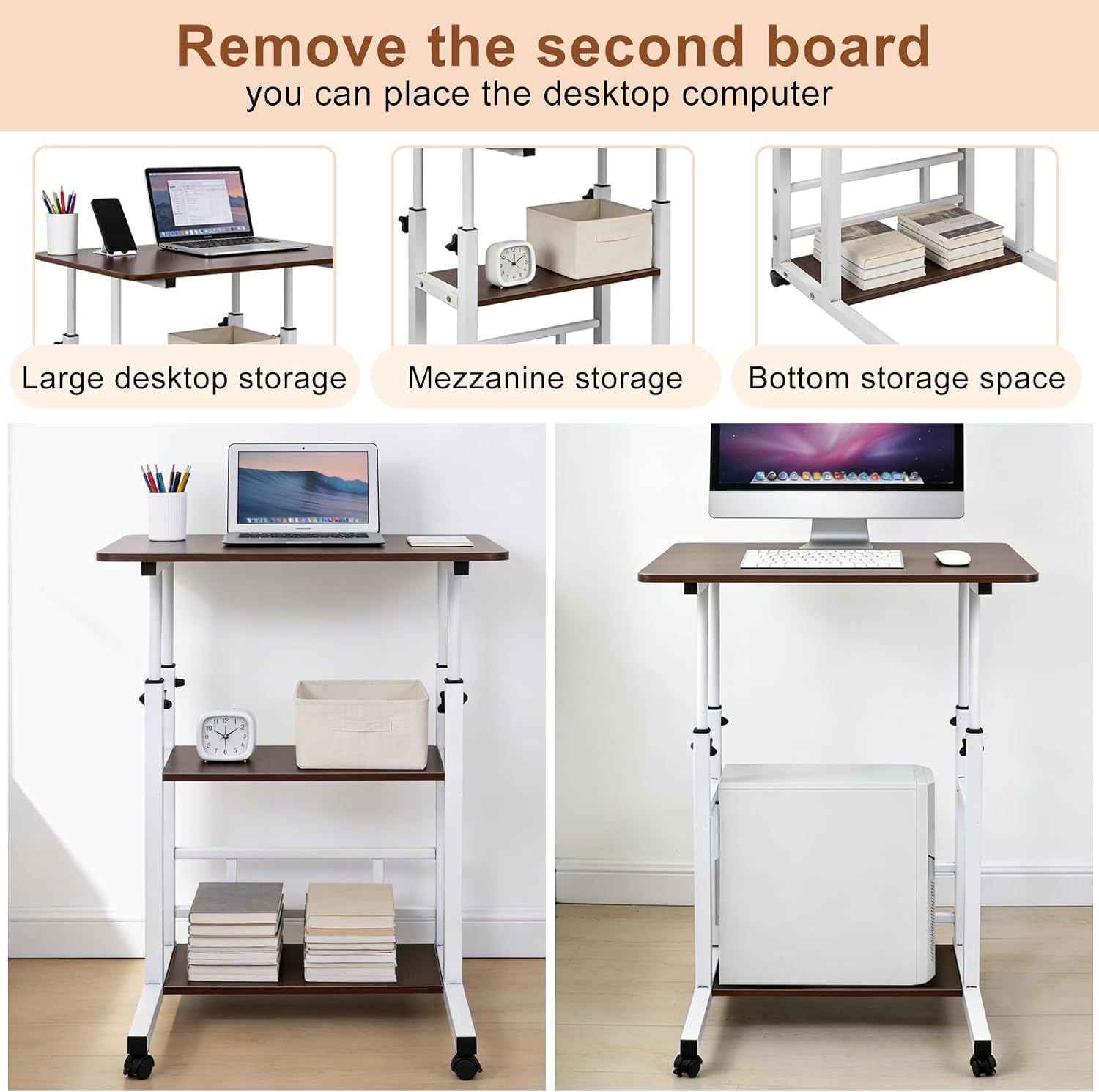 Portable Rolling Desk on Wheels with Adjustable Height, Compact Laptop & Small Computer Desk for Bedroom, Home Office with Storage Shelves and Phone Holder (Walnut)