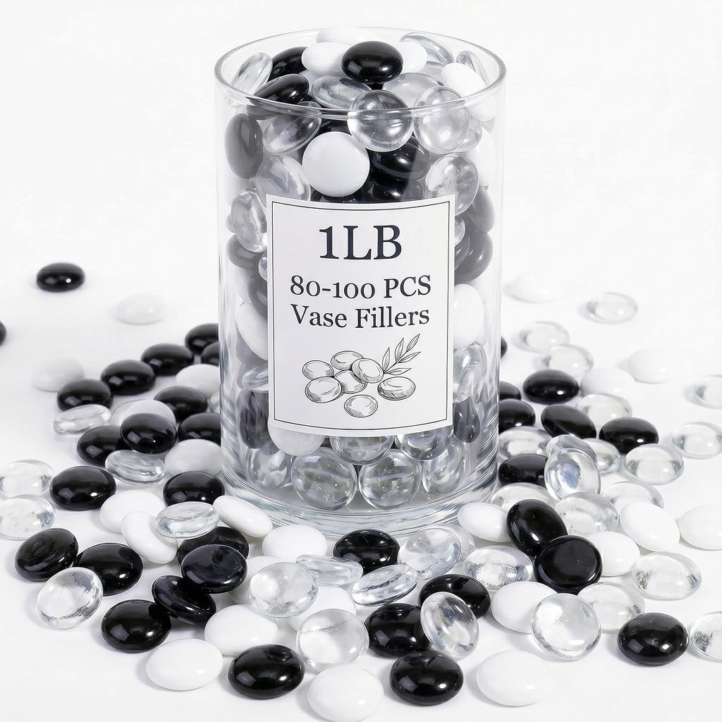 1LB Mixed Glass Beads White, Clear & Black, 0.6"-0.8" Flat Glass Marbles for Vases - Decorative Stones Vase Filler, Fish Tank Rocks, Aquarium Decor, Modern Gems for Centerpieces & DIY Crafts