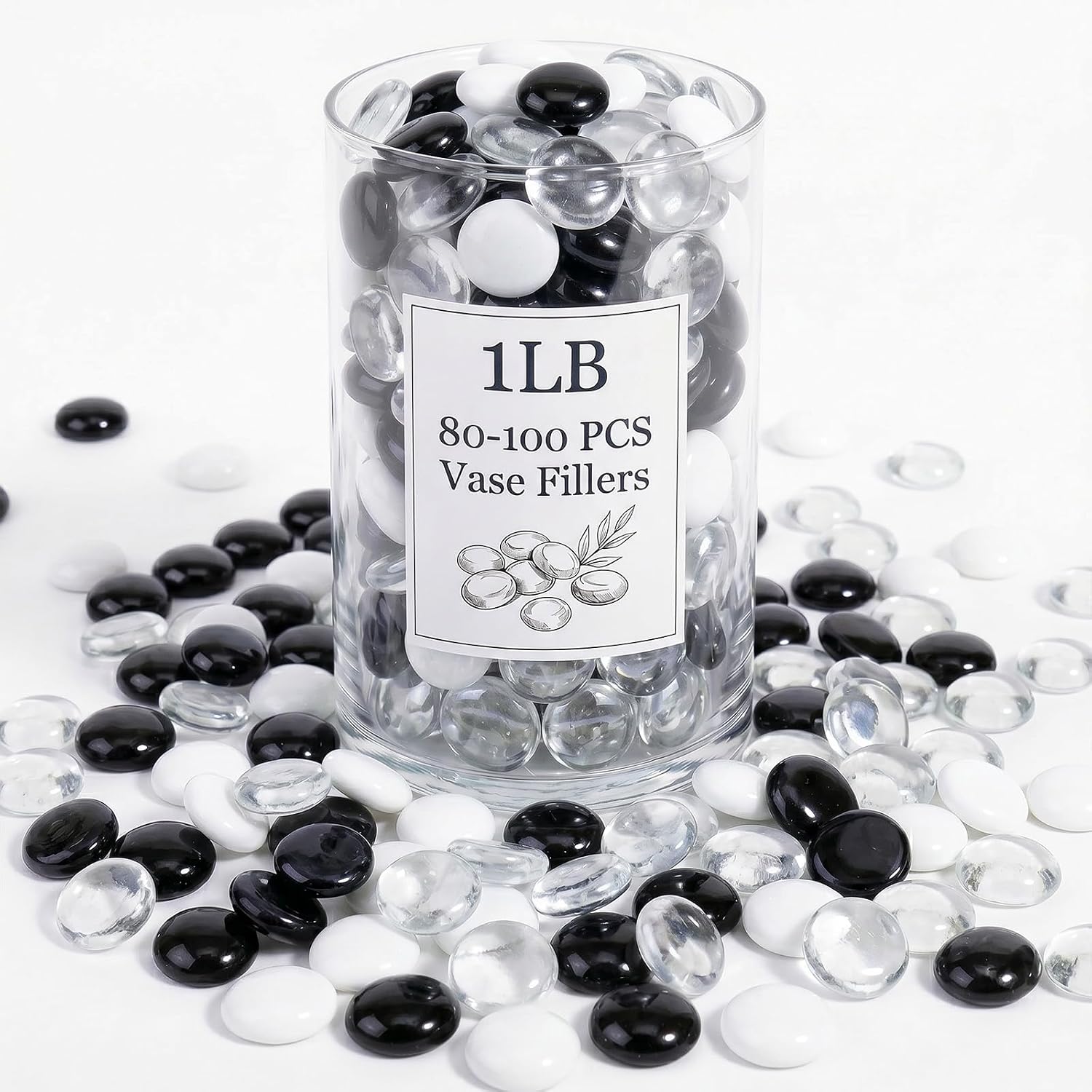 1LB Mixed Glass Beads White, Clear & Black, 0.6"-0.8" Flat Glass Marbles for Vases - Decorative Stones Vase Filler, Fish Tank Rocks, Aquarium Decor, Modern Gems for Centerpieces & DIY Crafts