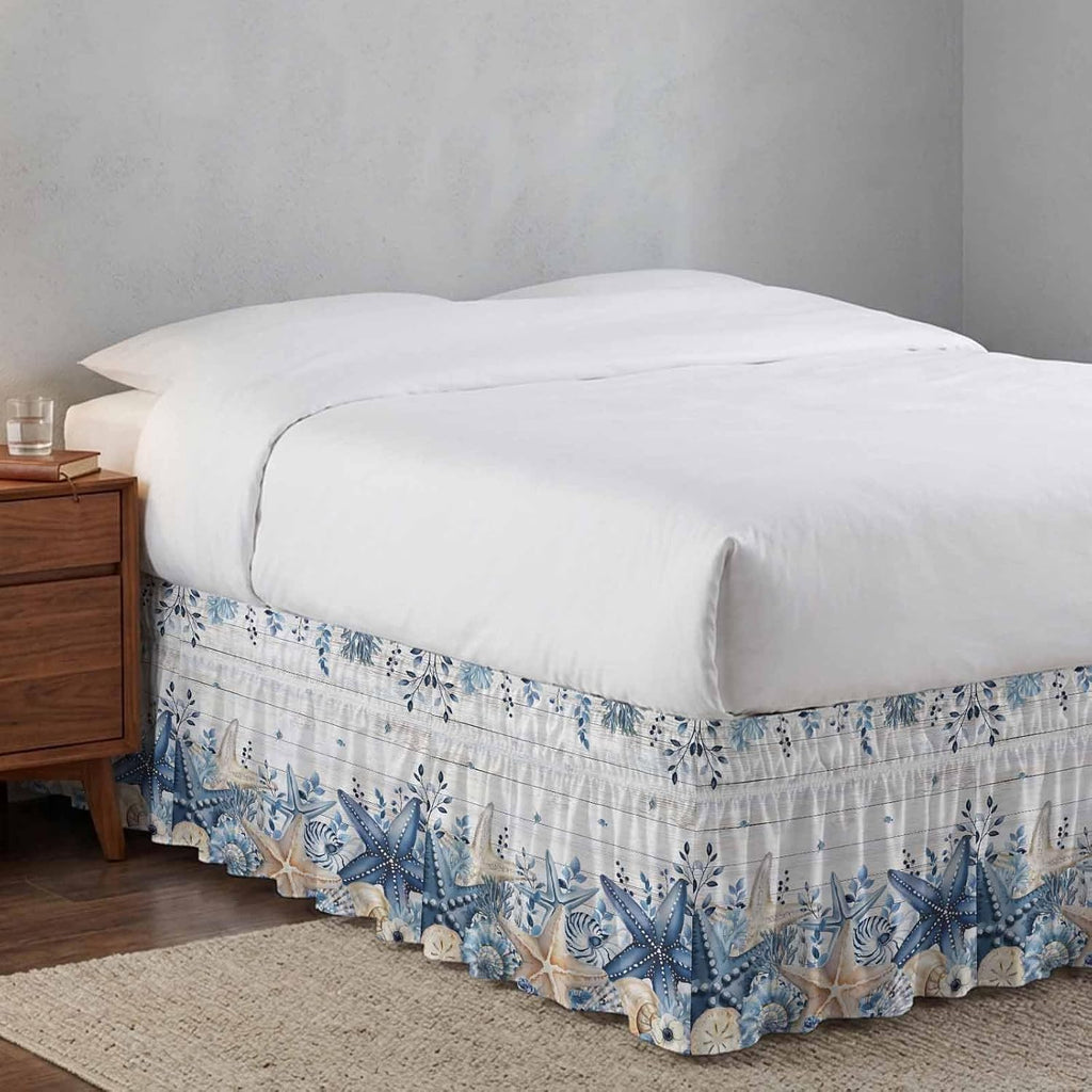 Coastal Bed Skirt California King Size 18" Drop Ocean Blue Beige Starfish Shells Leaves Grey Wooden Ruffled Wrap Around Bed Skirts Adjustable Elastic Bedskirt Dust Ruffle for Queen King Cal.King Bed