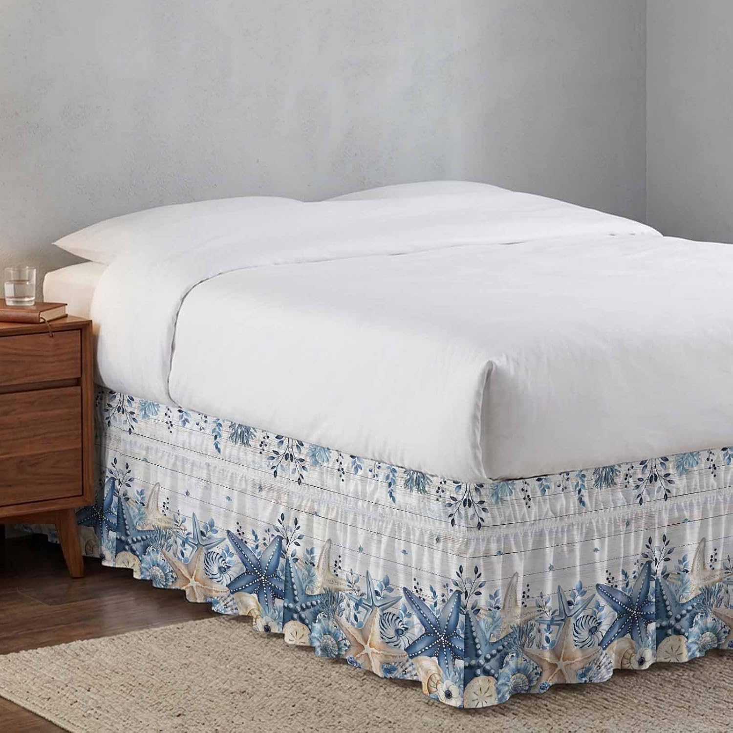 Coastal Bed Skirt California King Size 18" Drop Ocean Blue Beige Starfish Shells Leaves Grey Wooden Ruffled Wrap Around Bed Skirts Adjustable Elastic Bedskirt Dust Ruffle for Queen King Cal.King Bed