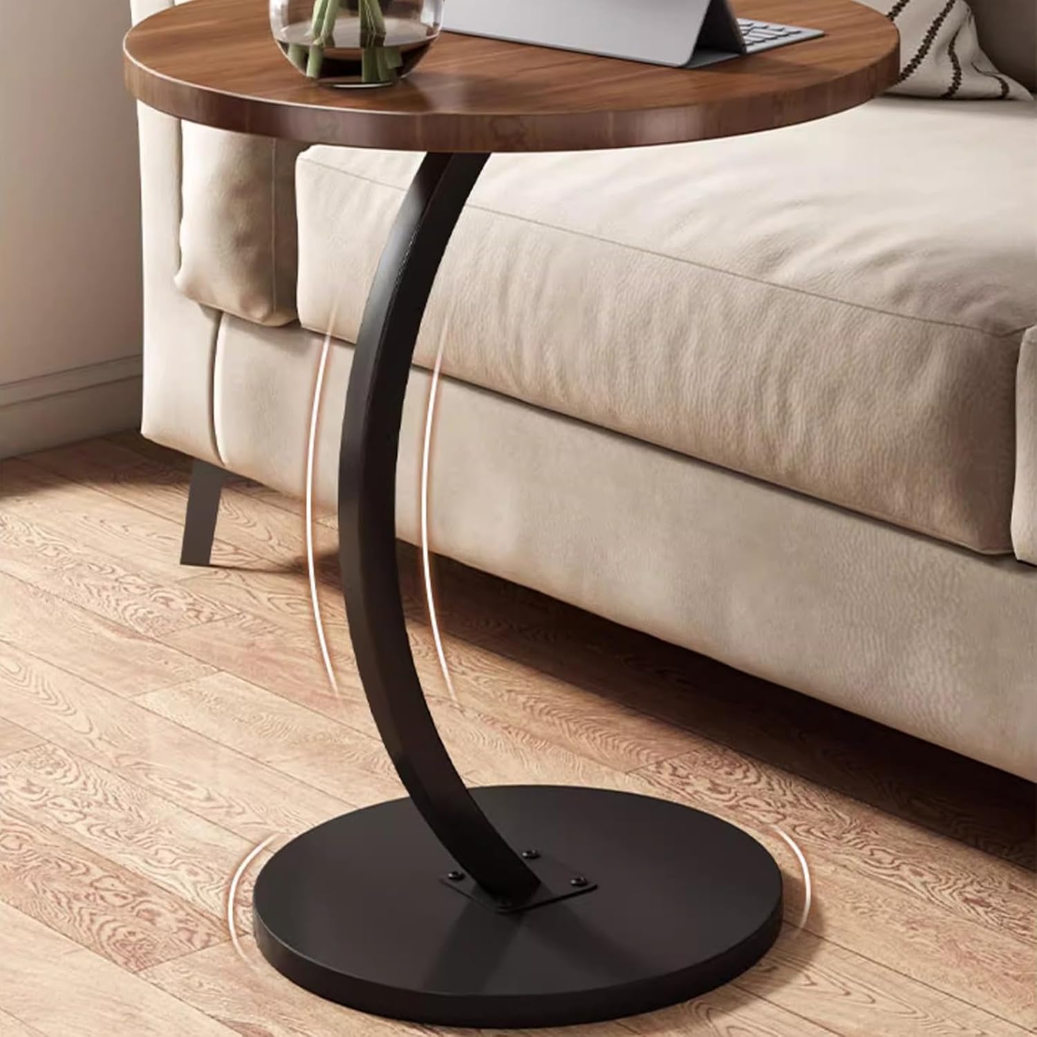 C Shaped Side Tables for Small Spaces Under Sofa End Table for Couch Wood Tabletop & Metal Legs, Small Round Coffee Tables for Living Room, Bedroom, Balconies, Tea Rooms, Offices, And Dormitories