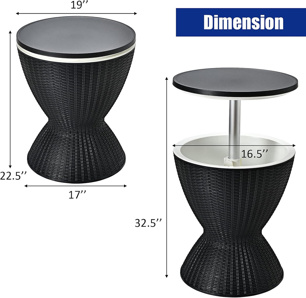 S AFSTAR Cool Bar Table, 8 Gallon Rattan Patio Bar Cooler Table with Ice Bucket & Height Adjustable Tabletop, Beer & Wine Cooler, Outdoor Indoor Cocktail Coffee Table for Patio Party Pool Deck (Black)