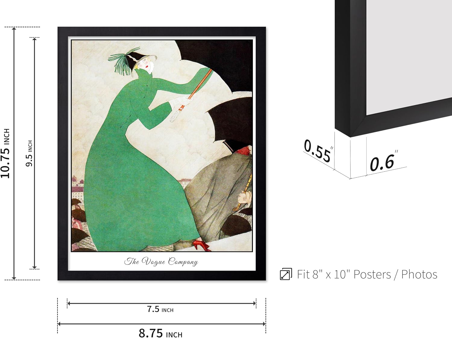Poster Master Vintage Illustration Poster - Retro Deco Print - Gift for Artist, Friend - Fashion Magazine Cover, Woman In The Rain, Mode - Wall Decor for Home, Office, 8x10 Black Framed