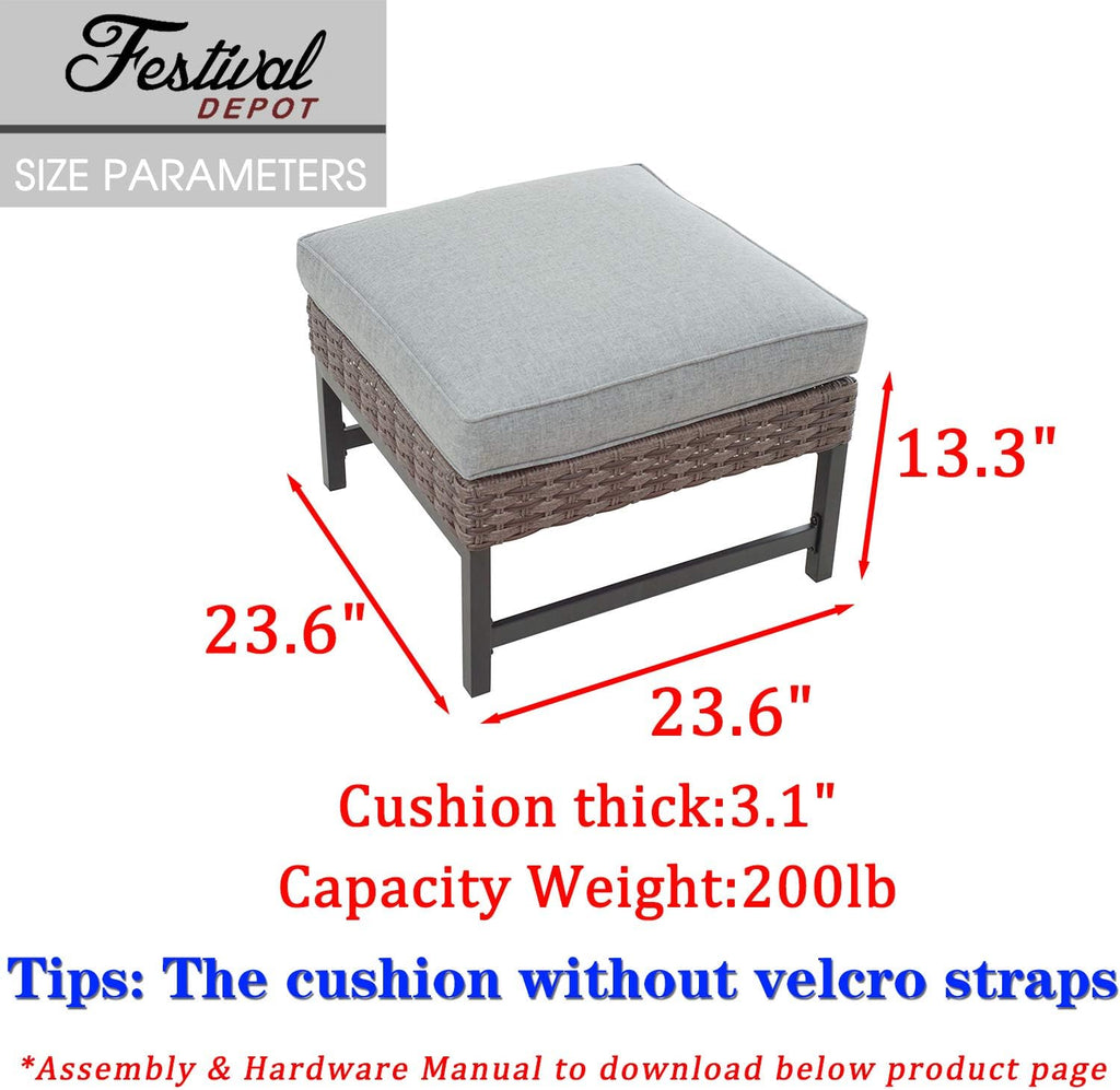 Festival Depot Patio Ottoman Square Wicker Footstool with Cushion for Foot Rest in Metal Frame All Weather Outdoor Furniture for Garden Yard Lawn