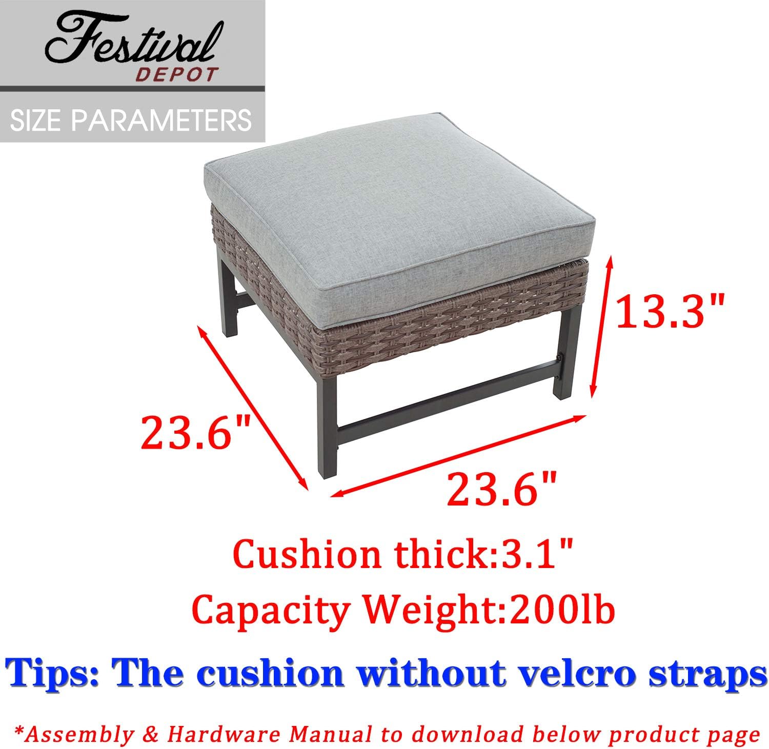 Festival Depot Patio Ottoman Square Wicker Footstool with Cushion for Foot Rest in Metal Frame All Weather Outdoor Furniture for Garden Yard Lawn