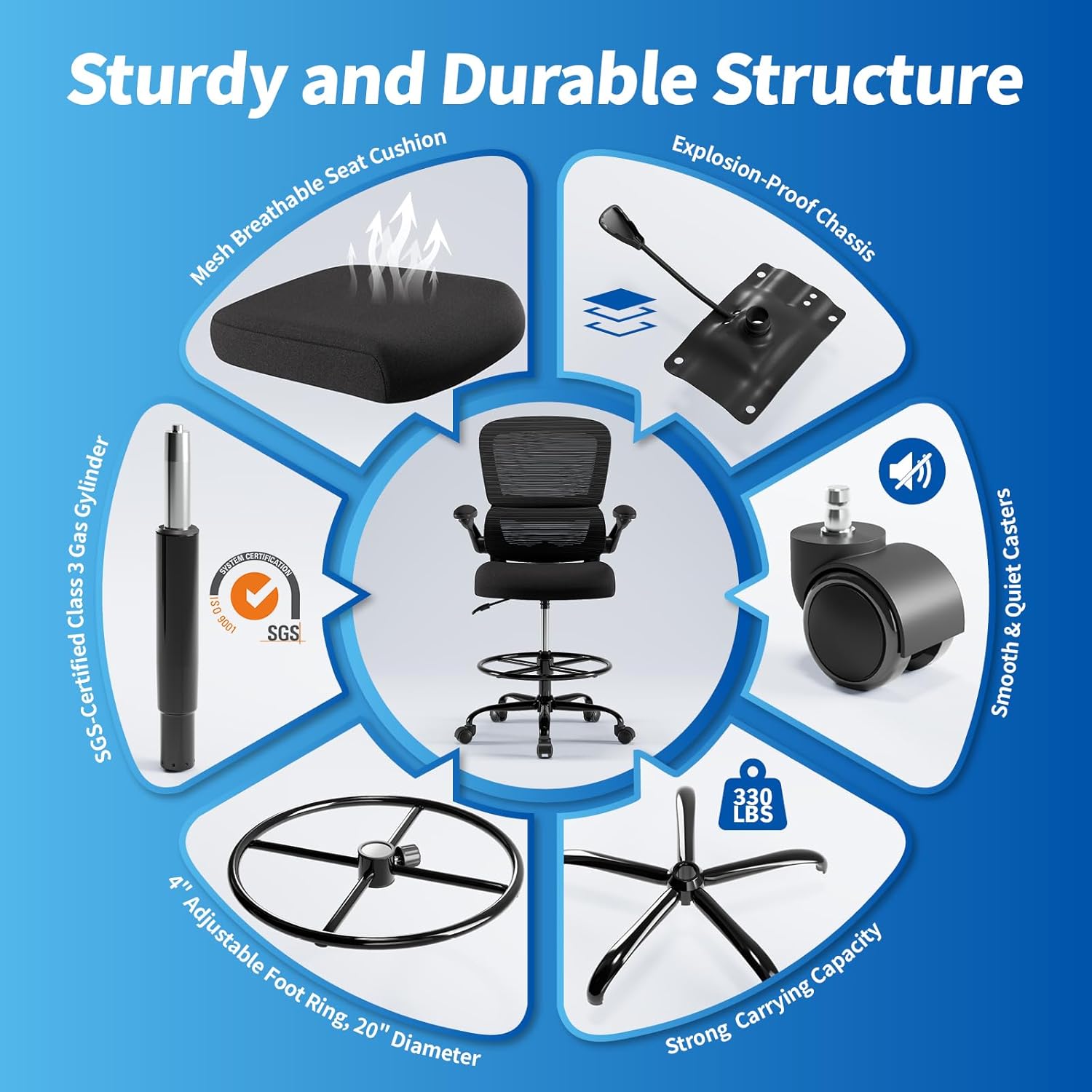 TRALT Drafting Chair - Tall Office Chair for Standing Desk - High Office Chair with Adjustable Footrest Ring Lumbar Support - Tall Office Chairs for Home Office with Flip-Up Armrests (Black)