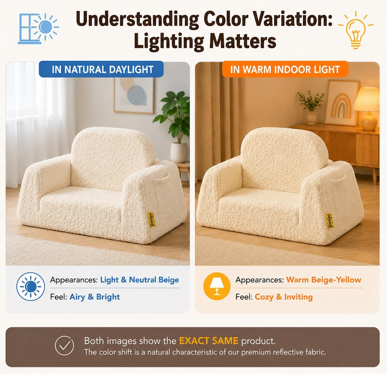 BanaSuper Wide Kids Sofa, Convertible Foam Couch for Children 3-8, Cream | Fold-Out Children Chair, Extra Wide Base for Stability, Sherpa Kids Reading Chair, Comfy Sofa Chair for Children Age 3+
