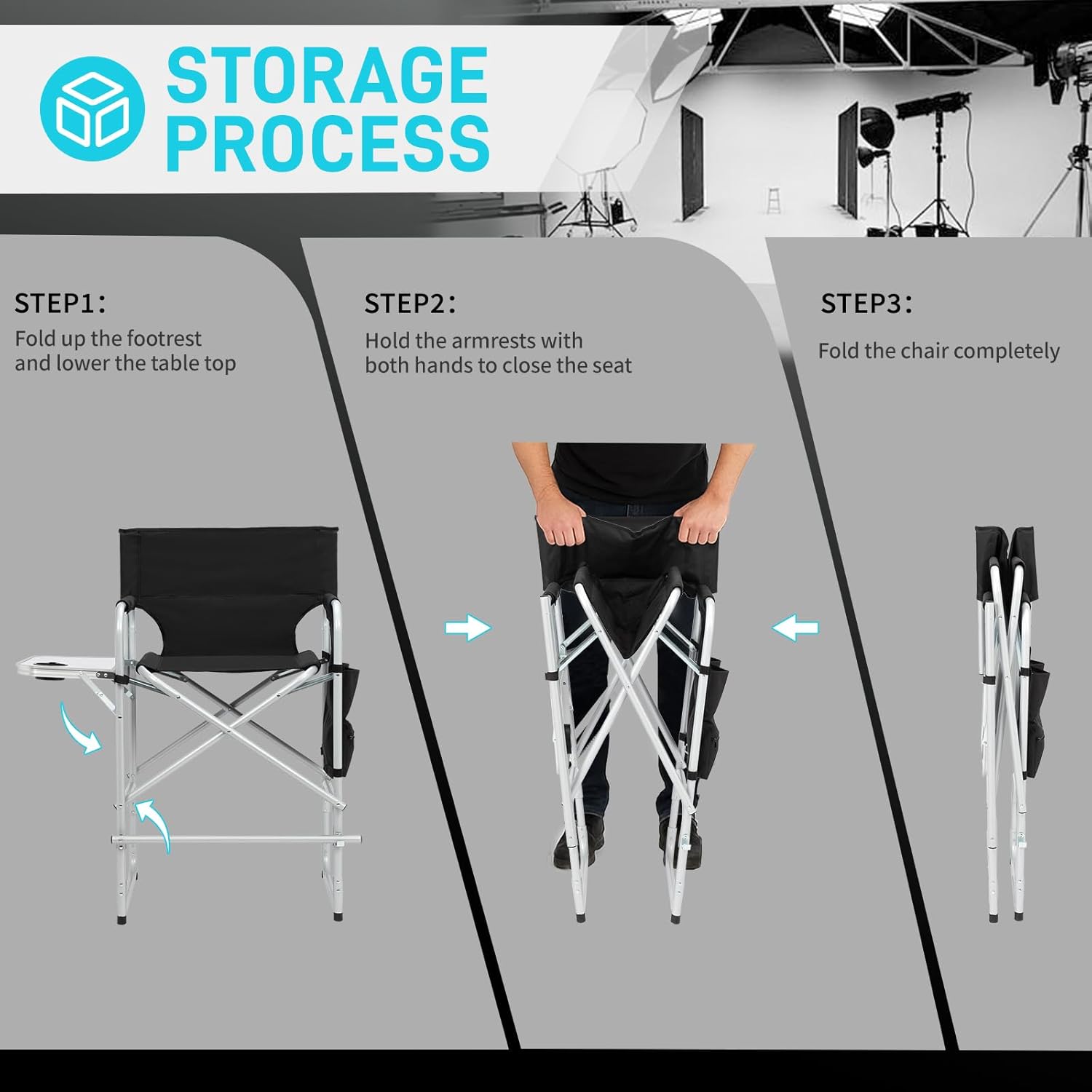 Outvita 26" Tall Directors Chair Height Seat Folding with Side Table Storage Bag, Support for 300Lbs Portable Makeup Artist Chair with Bar Height(Black)