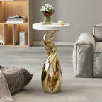 Modern 28.3'' Tall Round End Table, Small Coffee Table with Abstract Sculpture Base, Resin Sofa Side Tables, Elegant Art Accent Tables for Living Room Bedroom Office Small Spaces(Gold)
