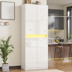 Furnify 71" Tall Pantry Storage Cabinet, Kitchen Pantry with High Gloss Doors, Modern Buffet Hutch Cabinet with Led Light and Adjustable Shelves for Dining Room, Living Room, White