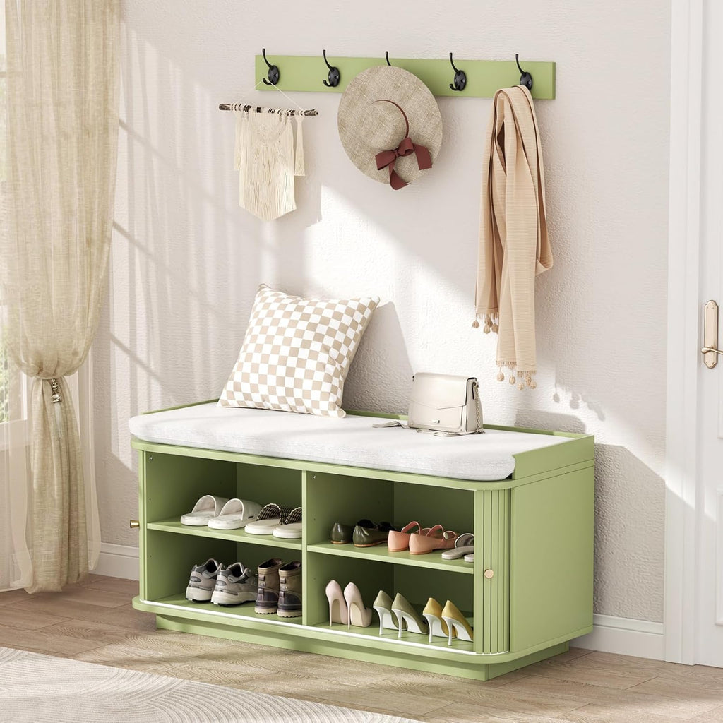 Hall Tree with Bench and Shoe Storage, Entryway Bench with Sliding Door Cabinet, Removable Padded, Metal Wall Hooks and Adjustable Storage Compartments, for Entry, Hallway, Living Room, Green