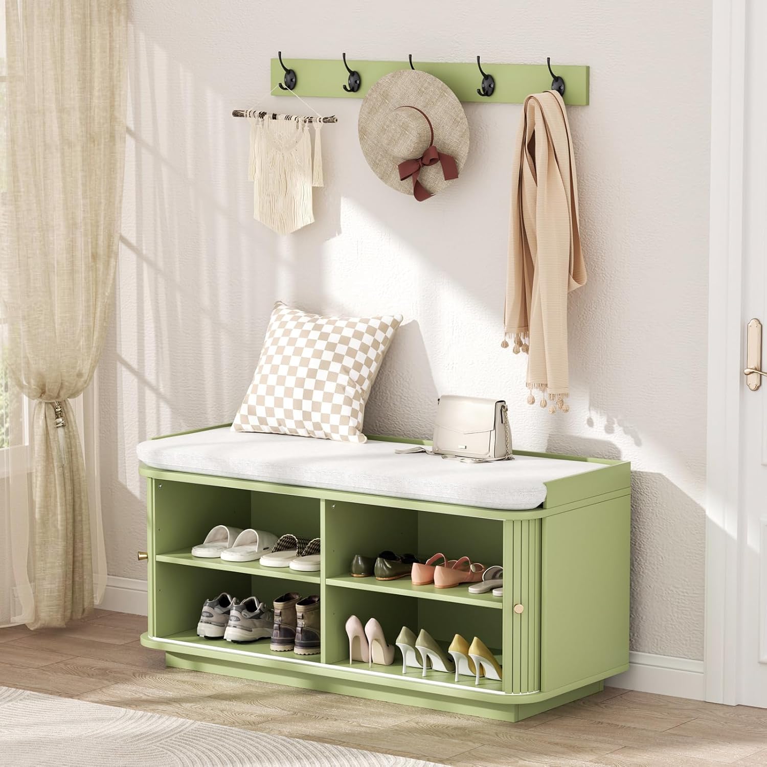 Hall Tree with Bench and Shoe Storage, Entryway Bench with Sliding Door Cabinet, Removable Padded, Metal Wall Hooks and Adjustable Storage Compartments, for Entry, Hallway, Living Room, Green