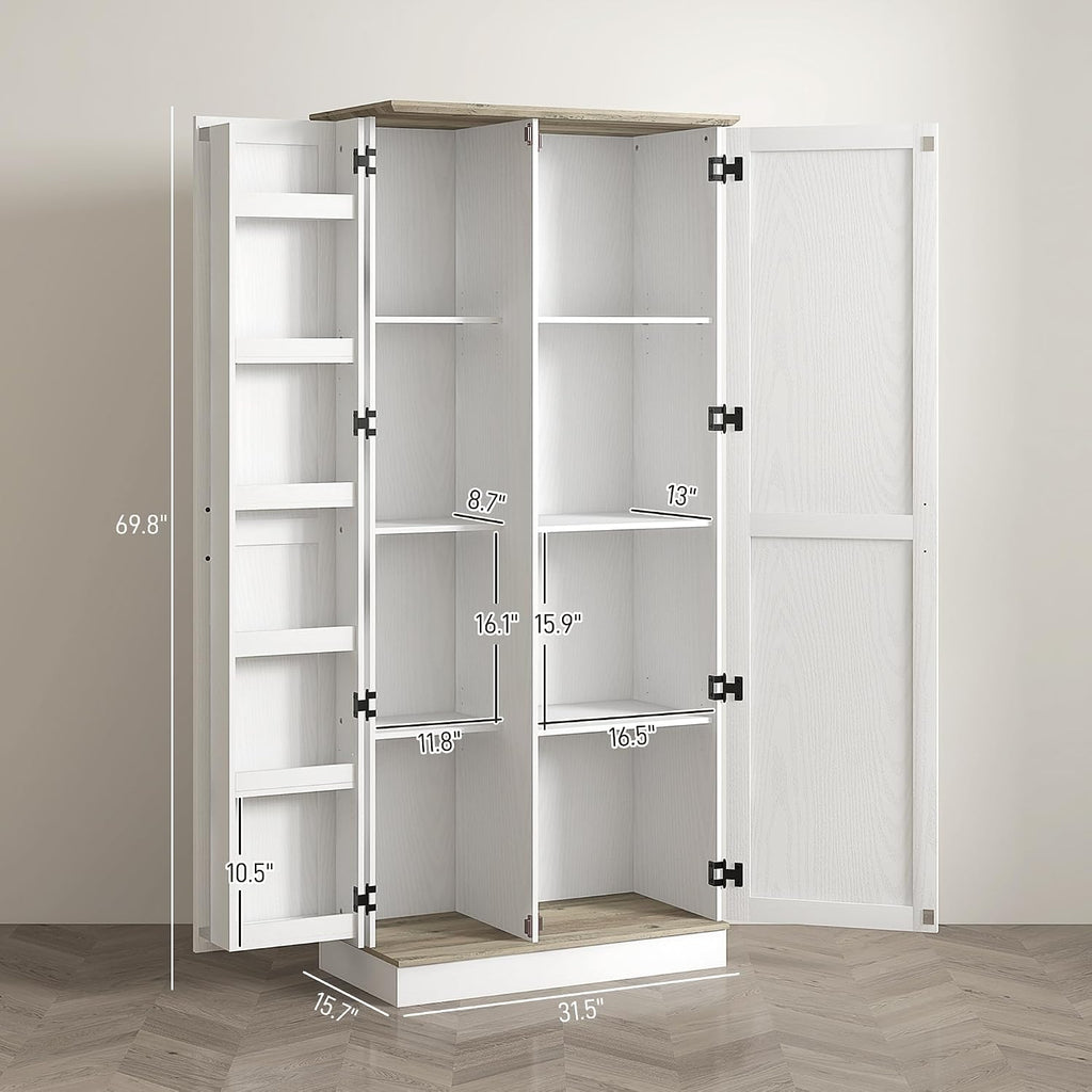 70" Tall Kitchen Pantry Cabinet, Modern Storage Cabinet with 6 Spice Racks and Adjustable Shelves, Freestanding Cupboard for Living Room, Dining Room, Cream White,15.7 * 31.5 * 69.8
