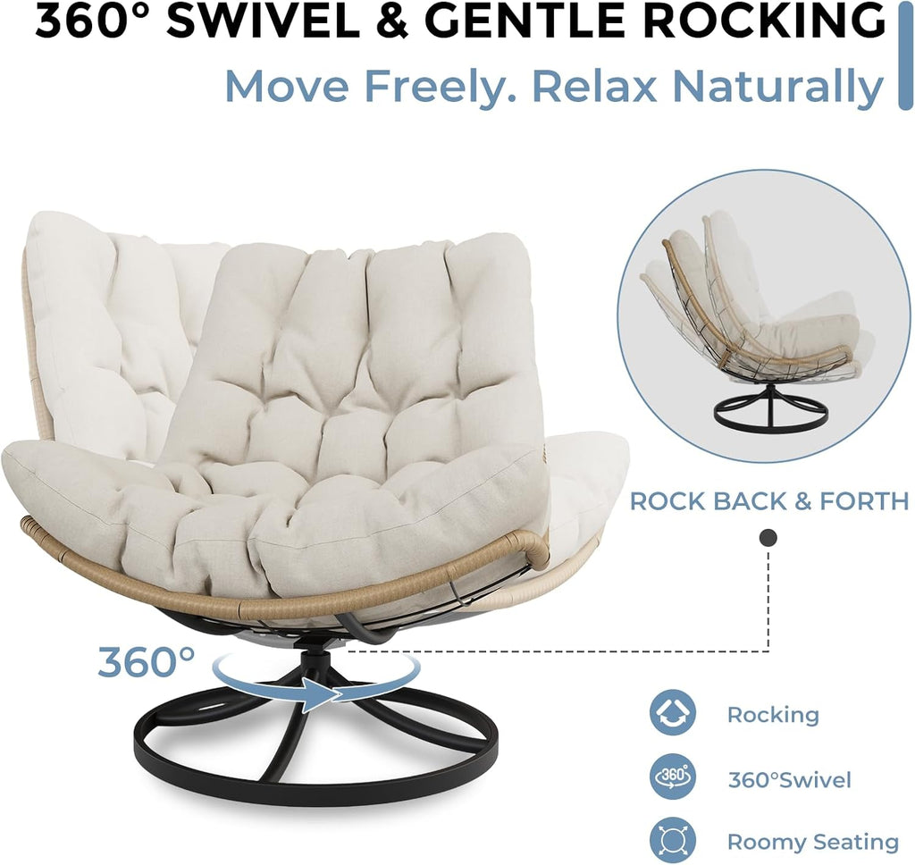 SWITTE Outdoor Rattan Swivel Chair with Thick Cushion, 360°Rotating Wicker Patio Rocking Lounge Chair, Stable Steel Base for Backyard, Balcony, Living Room-Cream