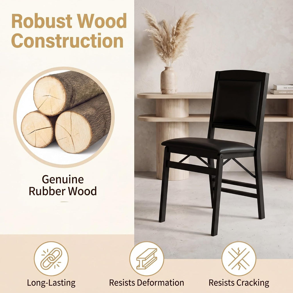 GOFLAME Folding Dining Chairs Set of 4, Faux Leather Upholstered Kitchen Chairs with Padded Seat and Backrest, Solid Wood Foldable Chairs for Living Room, Dining Room, Restaurant, Black
