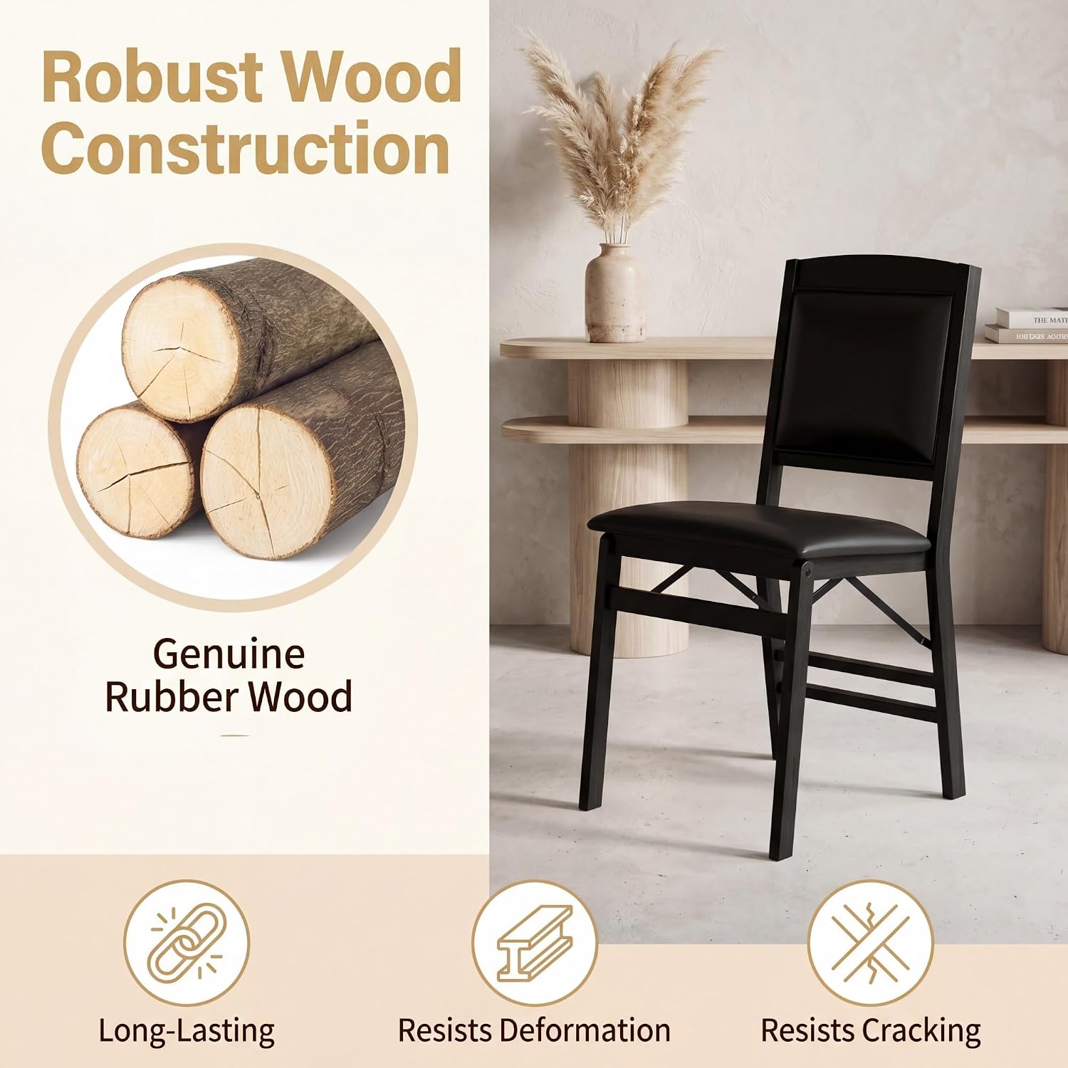 GOFLAME Folding Dining Chairs Set of 4, Faux Leather Upholstered Kitchen Chairs with Padded Seat and Backrest, Solid Wood Foldable Chairs for Living Room, Dining Room, Restaurant, Black