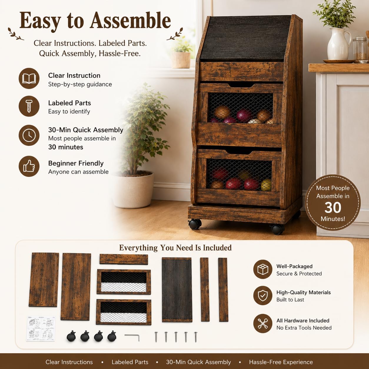 Rustic Farmhouse Pantry Cabinet with Wheels, Wooden Kitchen Storage Organizer for Potatoes, Onions and Bread, Rolling Produce Storage Cabinet for Fruits, Vegetables and Snacks