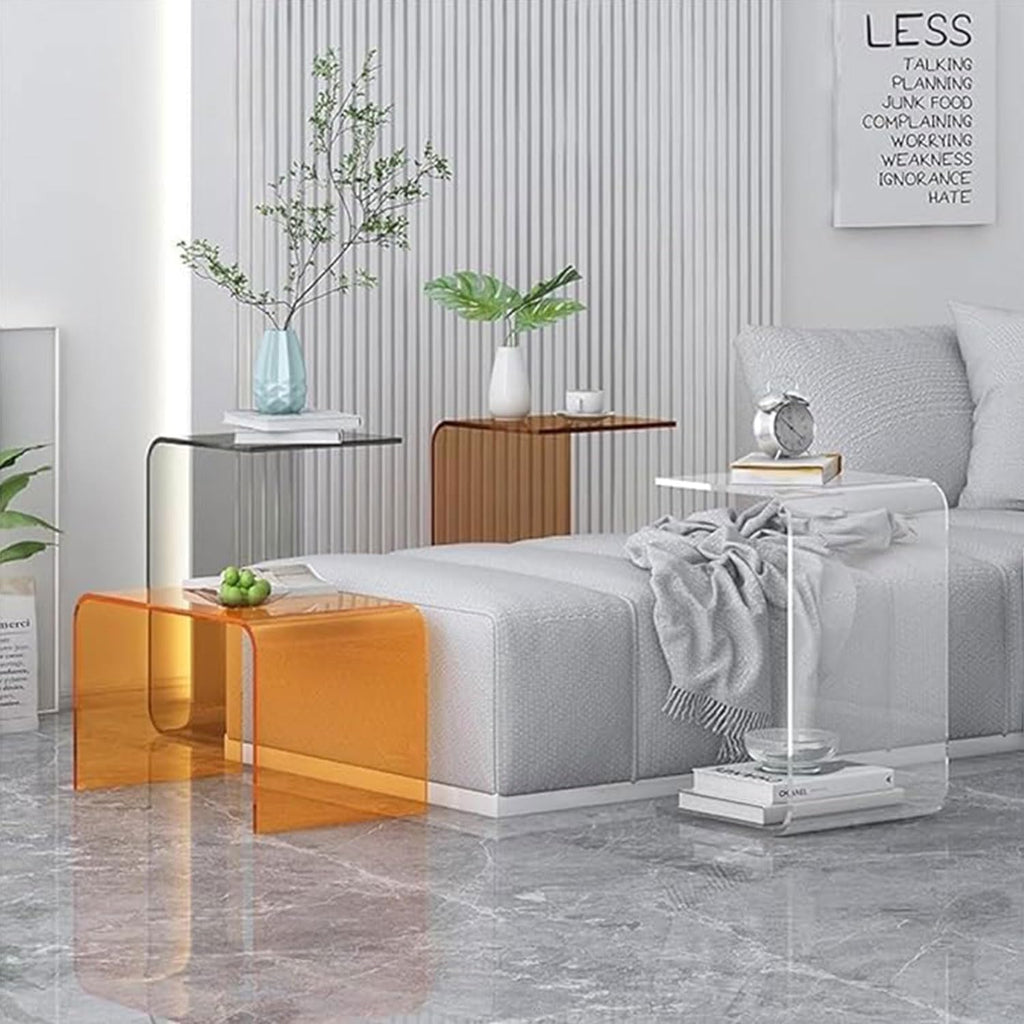 C-Shape Clear End Table, Transparent Small Multipurpose Side Nightstand Bedside, Modern Acrylic C-Shaped Sofa Side Table for Living Room Bedroom Home Decor Office (Orange, 55cm/21.6in, Acrylic)