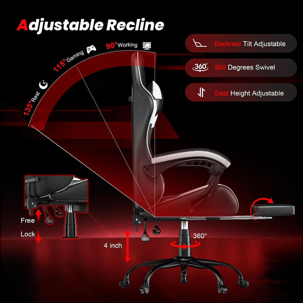 Gaming Chair with Footrest, Ergonomic Video Game Chair with Headrest and Lumbar Support, 400 lbs Adult Chair, Height Adjustable 360° Swivel High Back Reclining Computer Chair for Home Office (White)