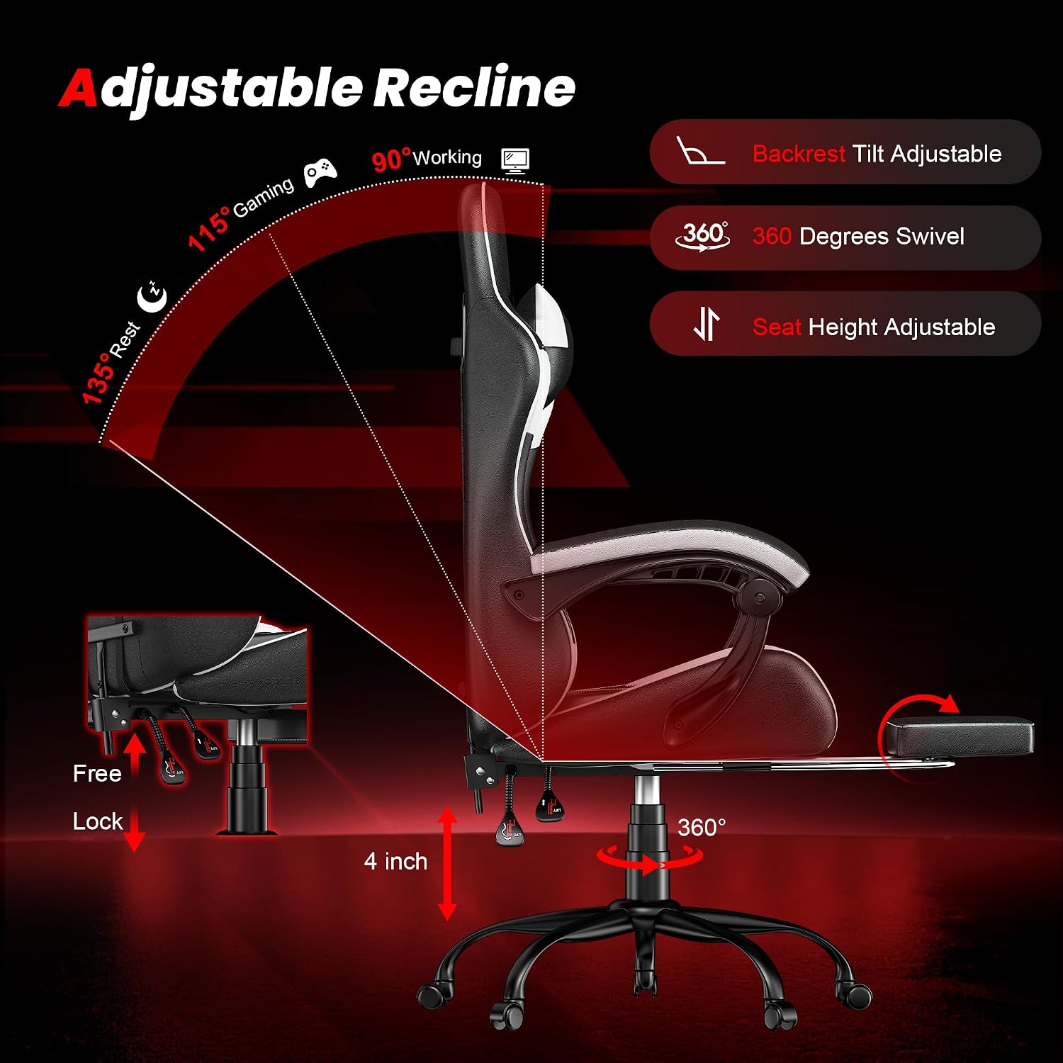 Gaming Chair with Footrest, Ergonomic Video Game Chair with Headrest and Lumbar Support, 400 lbs Adult Chair, Height Adjustable 360° Swivel High Back Reclining Computer Chair for Home Office (White)