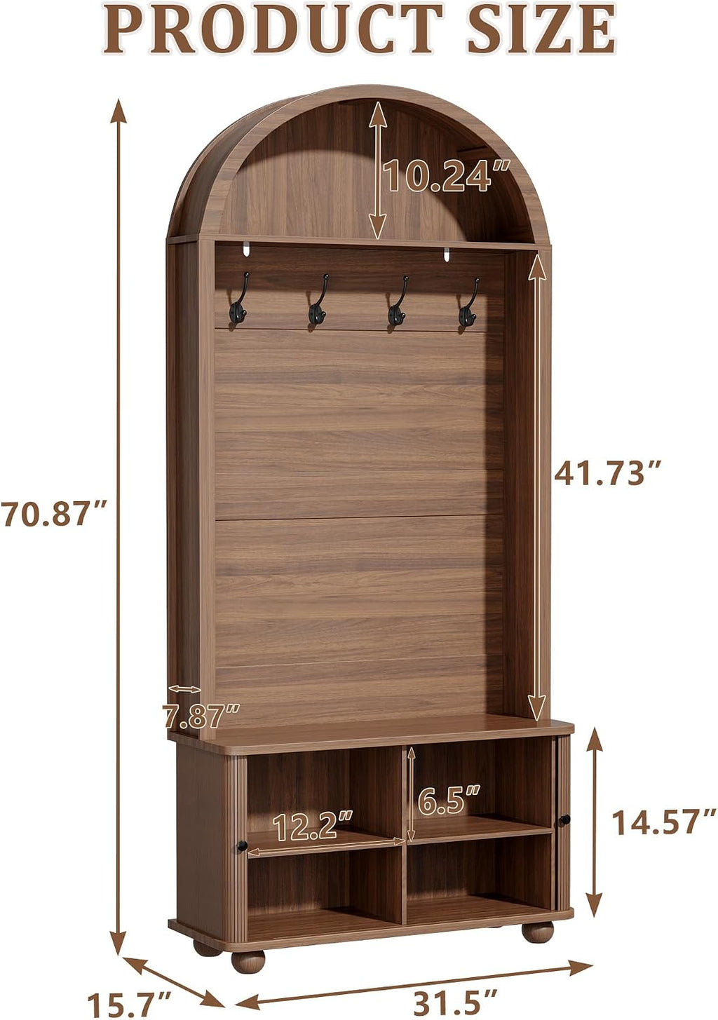 71" Hall Tree with Bench and Shoe Storage, 4-in-1 Design Entryway Bench with Coat Rack, Arch Farmhouse Entryway Hall Tree with 4 Hooks and Adjustable Shelves for Hallway, Living Room