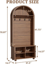 71" Hall Tree with Bench and Shoe Storage, 4-in-1 Design Entryway Bench with Coat Rack, Arch Farmhouse Entryway Hall Tree with 4 Hooks and Adjustable Shelves for Hallway, Living Room