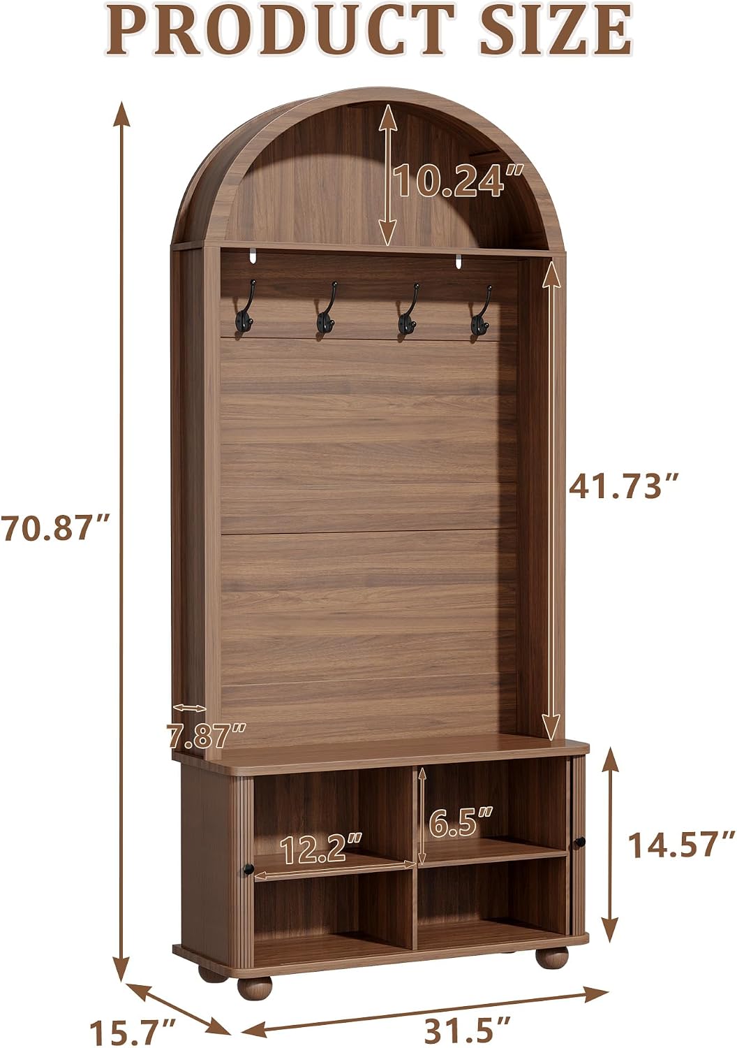 71" Hall Tree with Bench and Shoe Storage, 4-in-1 Design Entryway Bench with Coat Rack, Arch Farmhouse Entryway Hall Tree with 4 Hooks and Adjustable Shelves for Hallway, Living Room