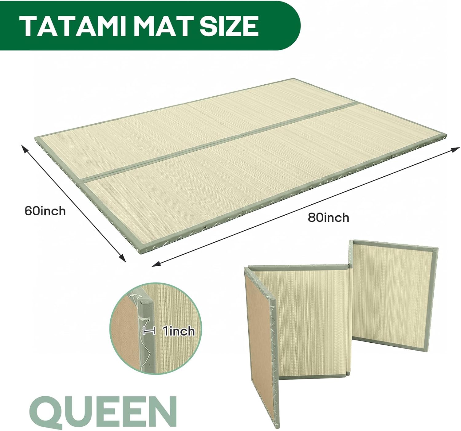 ZonLi Japanese Tatami Mat, Foldable Floor Sleeping Pad Futon Mattress, Made from Natural Coconut Shell Fiber & Jute Fiber, Firm Traditional Floor Bed Queen 80"x60"