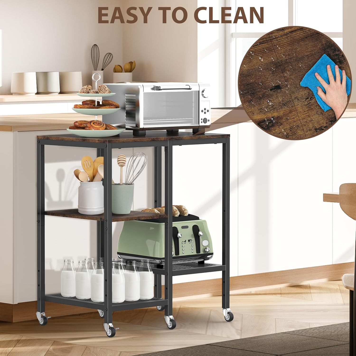 OGEMXU Kitchen Microwave Cart,Microwave Stand with Wheels,Coffee Bar Table Station,4-Tier Rolling Baker's Rack,Small Appliance Storage Shelf,Utility Side Table for Kitchen,Living Room (Rustic Brown)