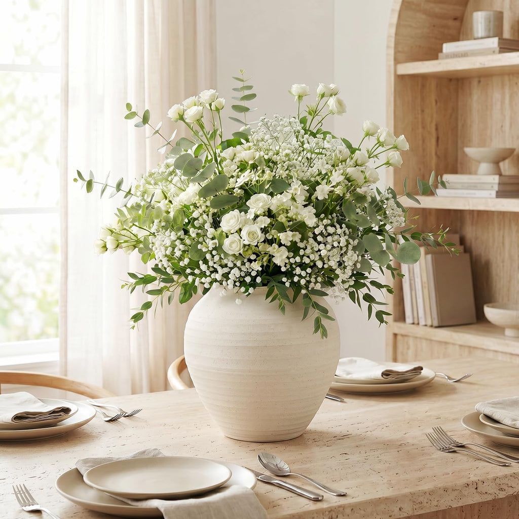 Ceramic Vase 6.7", Textured Ribbed Flower Vase for Pampas Grass, Cream Beige Wabi-Sabi Handmade Pottery Vase, Rustic Farmhouse Table Centerpiece for Entryway Shelf Nightstand Decor