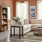 Furnifact Rectangular End Table, Glass Top, Lower Shelf, Flared Legs, Solid Wood Frame, Espresso Finish, Brown