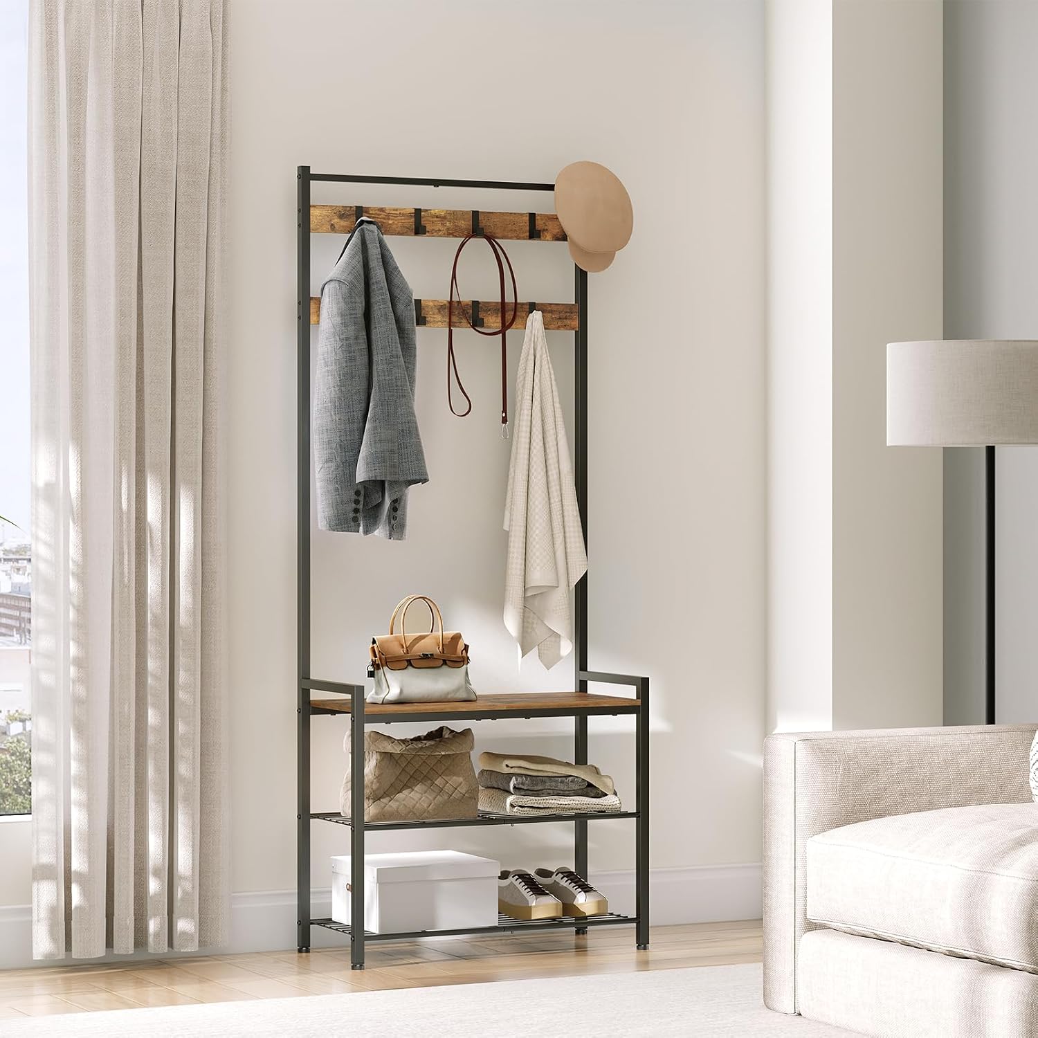 YATINEY Hall Tree, Coat Rack with Shoe Bench, Entryway Bench with Shoe Storage, Multifunctional Entryway Storage Organizer, Metal Frame and 8 Movable Hooks, for Hallway, Rustic Brown MT01BR