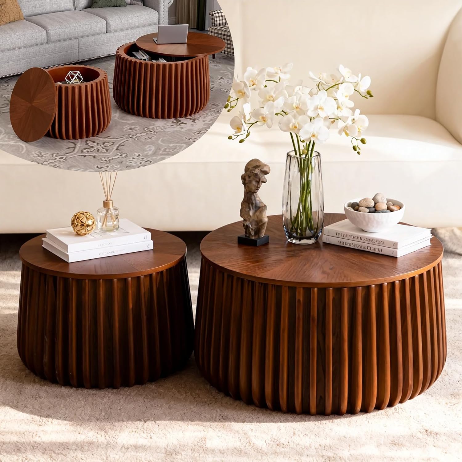 Round Nesting Coffee Tables Set of 2 with Storage Modern Wooden Fluted Nesting End Table Set Stacking Sofa Side Tables for Living Room Apartment, No Need Assembly (BrownD)