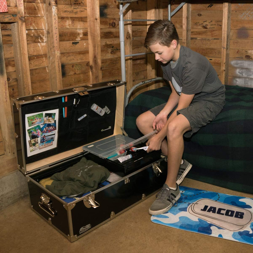 C&N Footlockers - Full-Size Happy Camper Trunk w/Tray - #1 Summer Camp Trunk - Made in the USA - Steel Footlocker with Lid Stay - 32 x 18 x 13.5 Inches (Royal Blue)