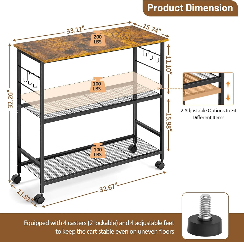 3 Tier Rolling Kitchen Microwave Cart, 33 Inch Microwave Table Stand with Adjustable Shelf, Kitchen Storage Island Utility Cart on Lockable Wheels, Bakers Rack Coffee Bar for Living Room, Office