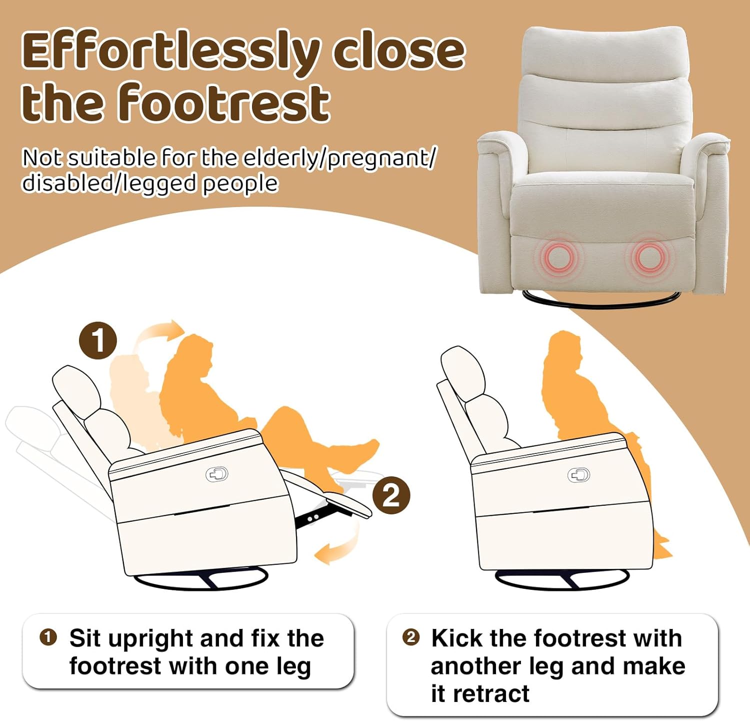 Oversized Swivel Rocker Recliner, 26'' Extra Wide Rocking Recliner Nursery Chair, Manual Swivel Recliner for Nursery, Reclining Rocking for Living Room, Cream White