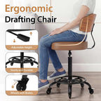 Drafting Chair with Lockable Wheels, Tall Chair Adjustable Stool with Curved Walnut Backrest and Footrest Ring, PU Leather Ergonomic Rolling Chair 300LBS Capacity for Office Workstation(Brown)