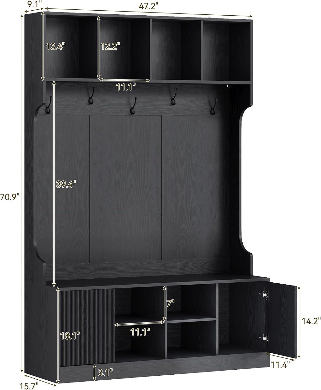 Hall Tree with LED Light, Coat Rack with Storage Bench, Modern Freestanding Entryway Organizer with Shoe Cabinet, Hallway Storage Bench with 5 Hooks, Open Shelves and Fluted Doors, Black