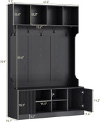 Hall Tree with LED Light, Coat Rack with Storage Bench, Modern Freestanding Entryway Organizer with Shoe Cabinet, Hallway Storage Bench with 5 Hooks, Open Shelves and Fluted Doors, Black