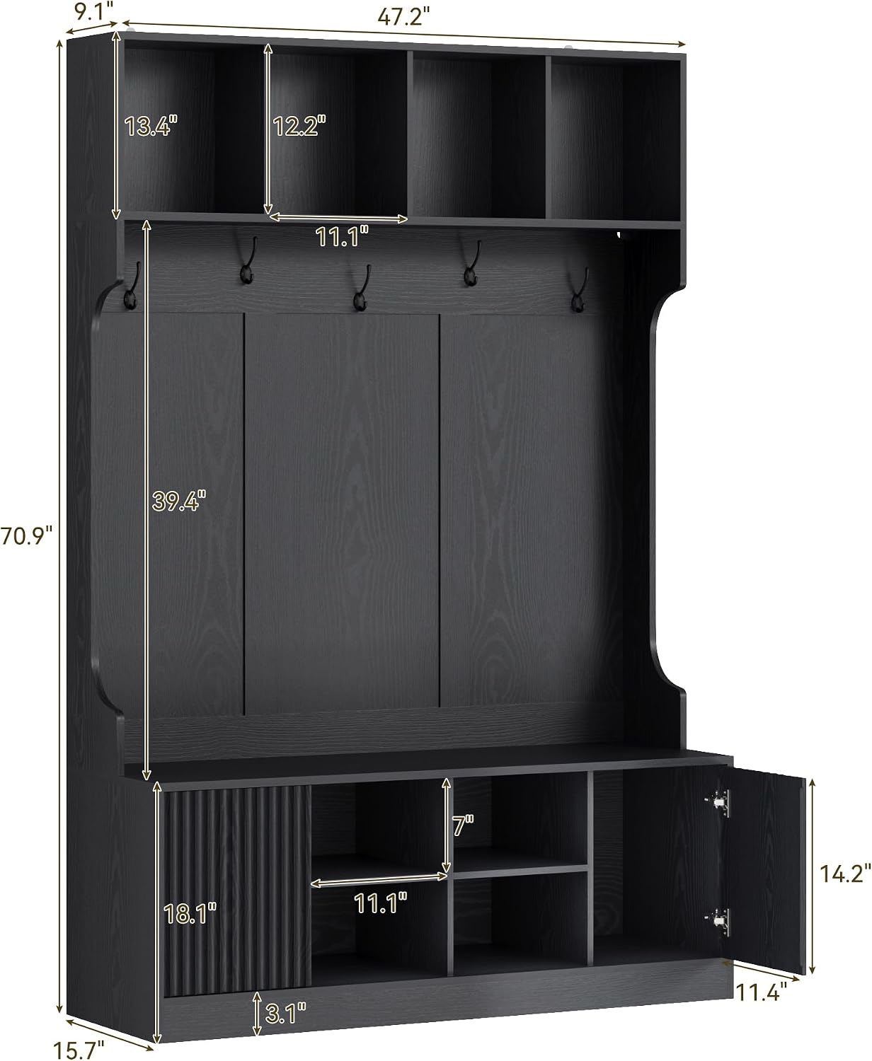 Hall Tree with LED Light, Coat Rack with Storage Bench, Modern Freestanding Entryway Organizer with Shoe Cabinet, Hallway Storage Bench with 5 Hooks, Open Shelves and Fluted Doors, Black