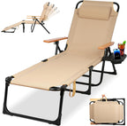 Beach Lounge Chair, Folding Outdoor Chaise Lounge Chair with Arms, 4-Position Backrest, Extended Sun Tanning Chair Pillow & Cup Holder, Patio Lounger for Outside for Beach Pool Patio Yard (Beige)