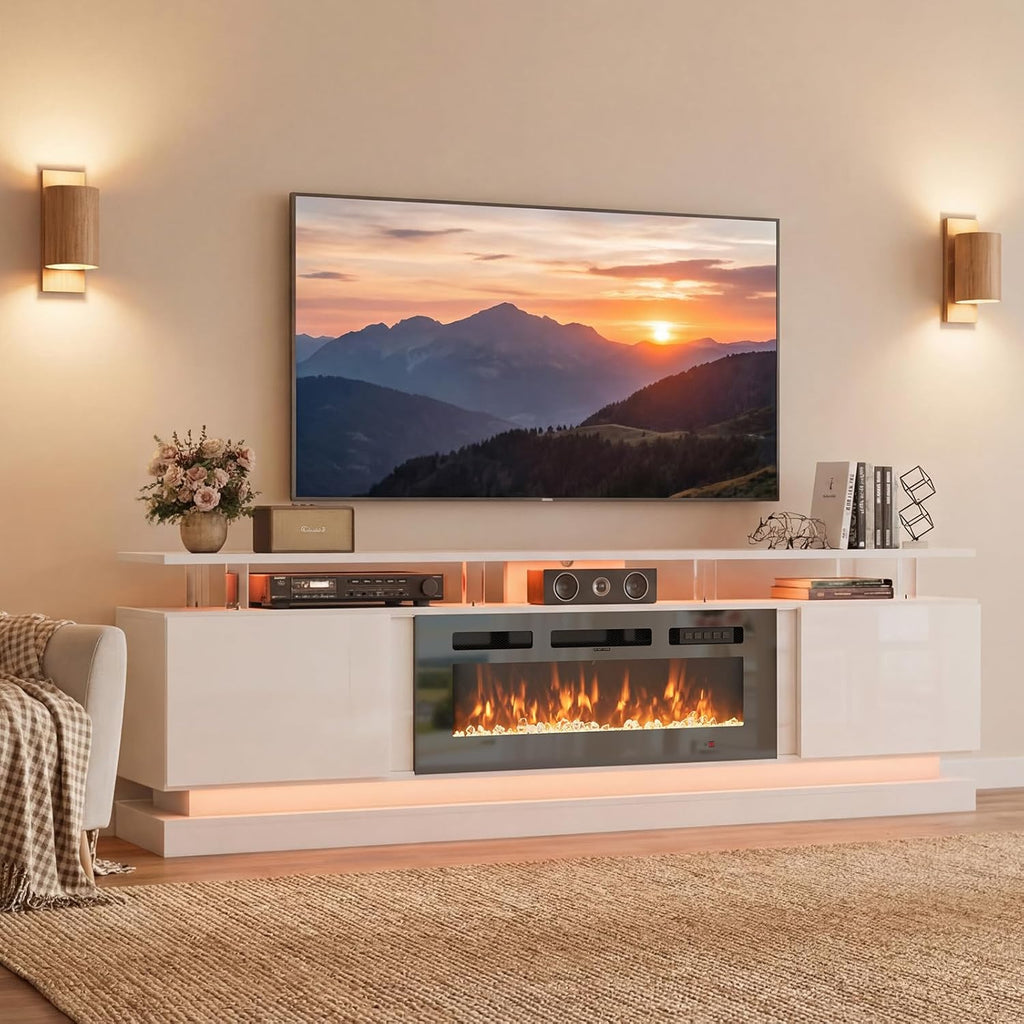80" Modern Fireplace TV Stand for TVs up to 90", White Entertainment Center with Black Electric Fireplace,Storage Cabinets&Adjustable LED Light, Media Console for Living Room
