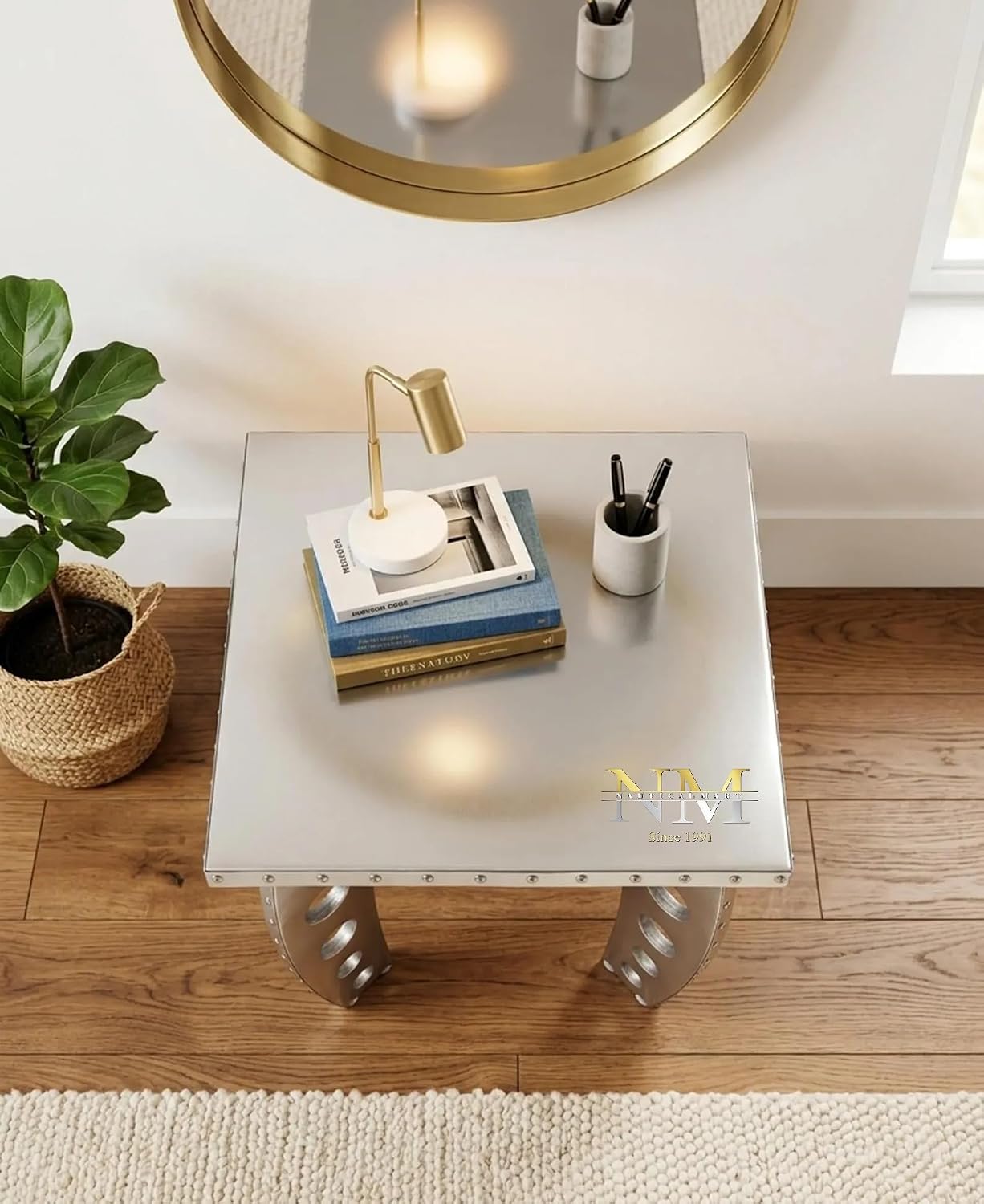 Handcrafted Aluminum Aviator Side Table- Square End Table with Retro Vintage Aircraft Style Coffee Table with Rivets and Cutout Legs Perfect for Living Room, Bedroom and Office Cafe and Rastaurants