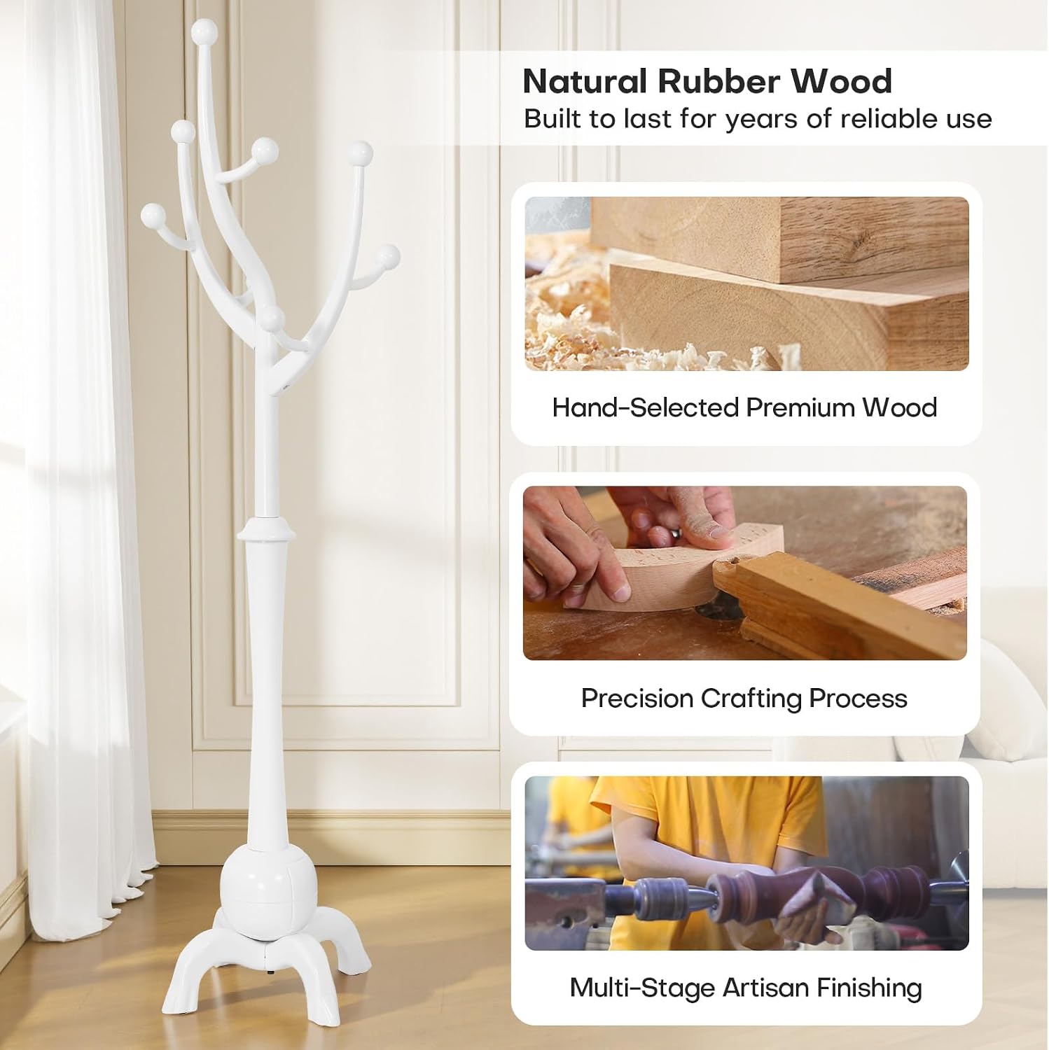 Wooden Coat Rack Freestanding Coat Tree with 8 Hooks, White | Stable Sphere Base, Heavy Duty Standing Coat Hanger for Entryway, Hallway, Bedroom, Coats, Hats, Bags