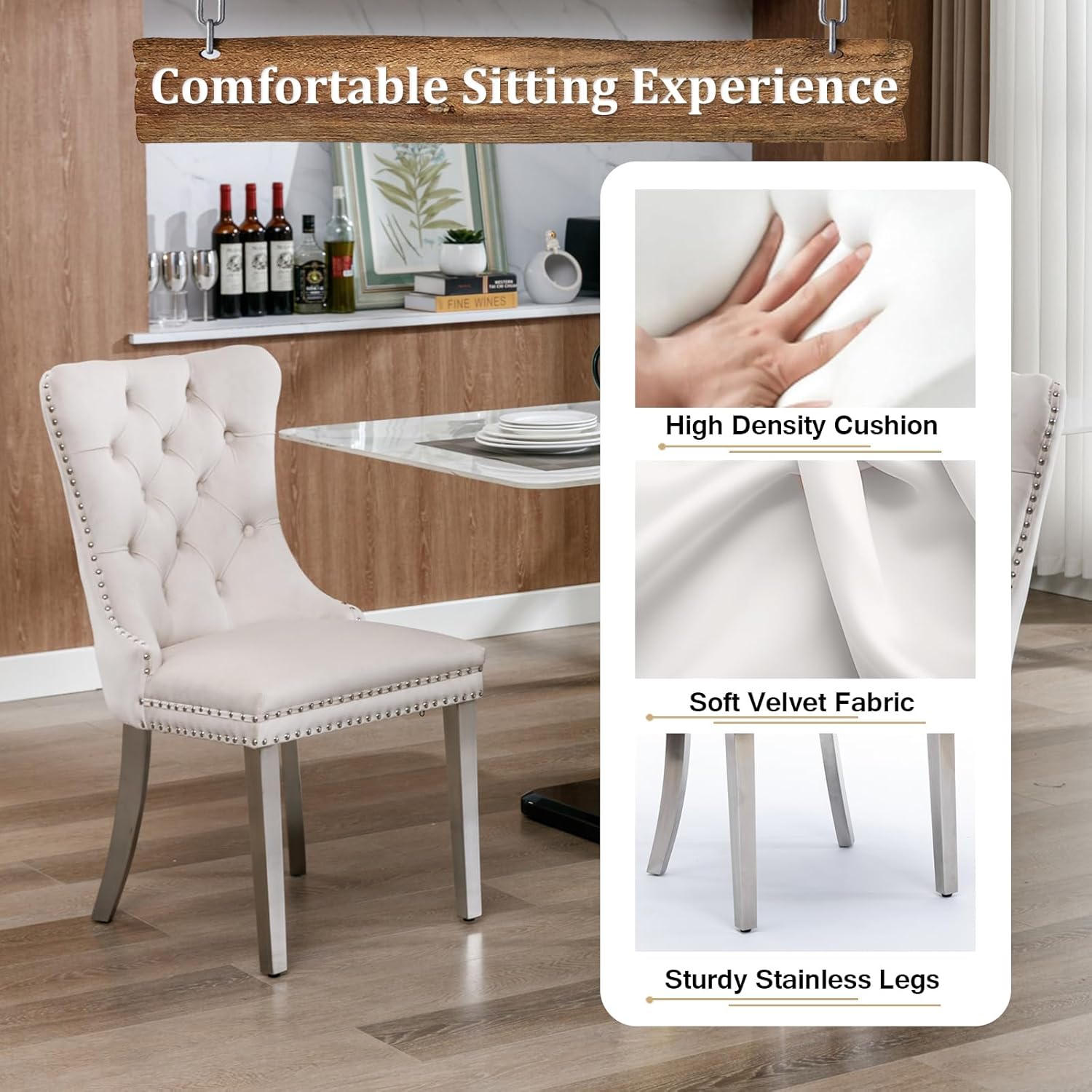 7 Piece Dining Table Set with 6 Beige Dining Chairs, Modern Glass Kitchen Table and Chairs Set for 6, 70" Rectangle Silver Glass Pedestal Dining Room Tables with Ring-Shape Stainless Steel Base