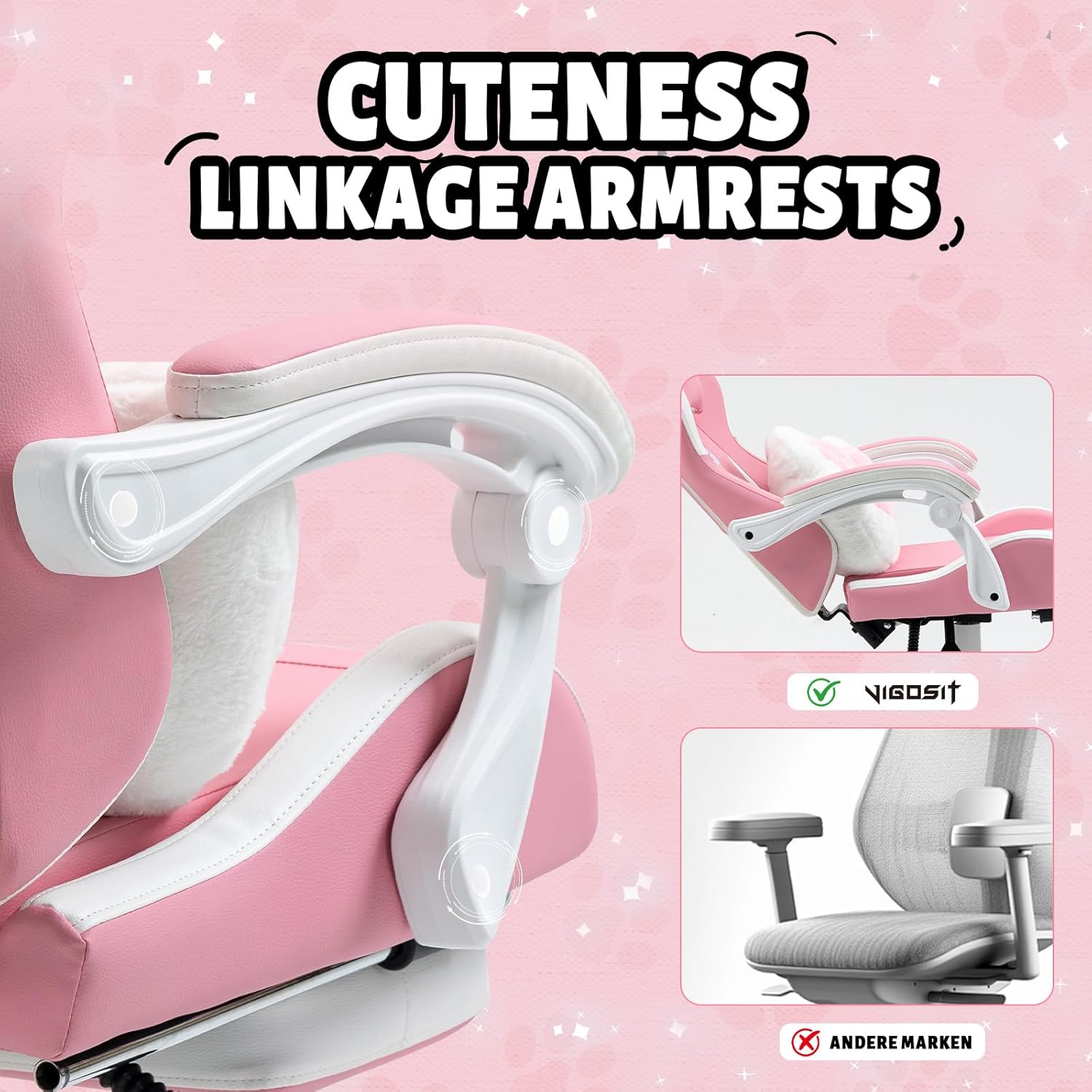 Vigosit Pink Cat Ear Gaming Chair with Footrest - Cute Gaming Chair for Girls, 310lbs Capacity, Adjustable Height & Lumbar Support, Ergonomic Computer Chair for Teens