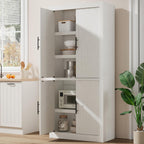 GarveeHome Kitchen Storage Pantry, Pantry Storage Cabinet with 4 Doors & Adjustable Shelves, Freestanding Farmhouse Pantry Cupboard & Magnetic Door for Dining & Living Room, Retro White