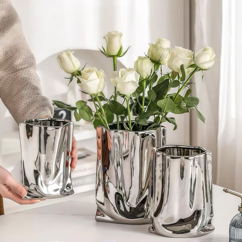 Ceramic Flower Vase, Crinkle Paper Bag Shape, Silver Metal, Modern Home Decor (X-Large)